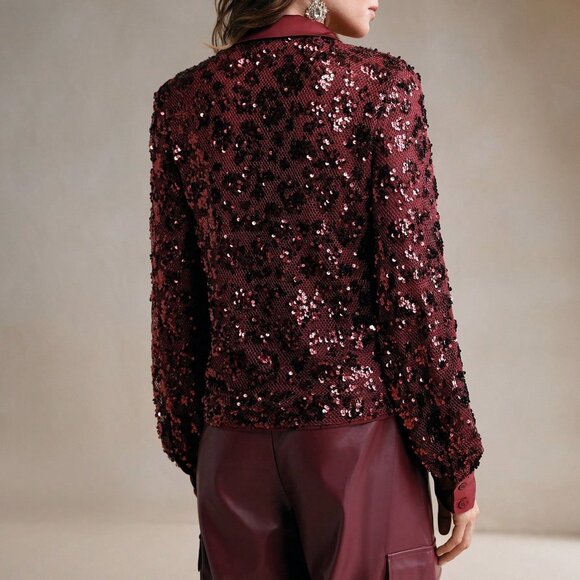 Wine Burgundy Casual Women's Mesh Sexy Sequin Blouse - Picture 2 of 7